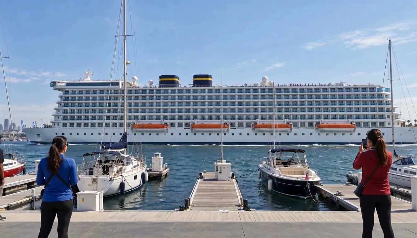 Simulated cruise-ship passage beside a yacht marina