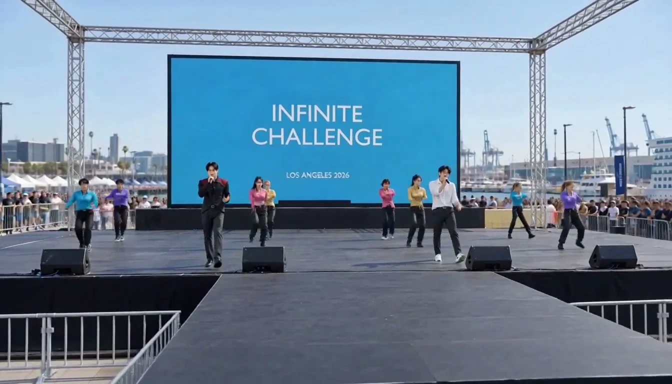 Simulated performance stage with vocalists and dancers